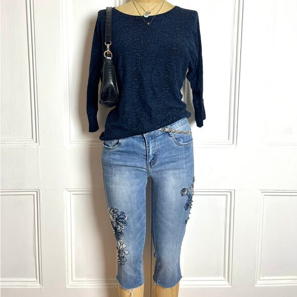 DKNY leopard print 3/4th sleeve leopard print navy batwing style sweater size S - Picture 3 of 8